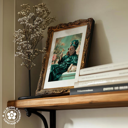 a wooden shelf with a framed painting of a person in a green dress, a vase of white flowers, and a stack of books.