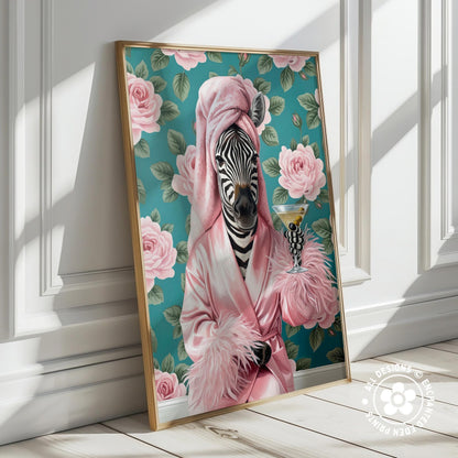Funny Zebra in Robe Poster – Glam Bathroom & Bar Wall Art
