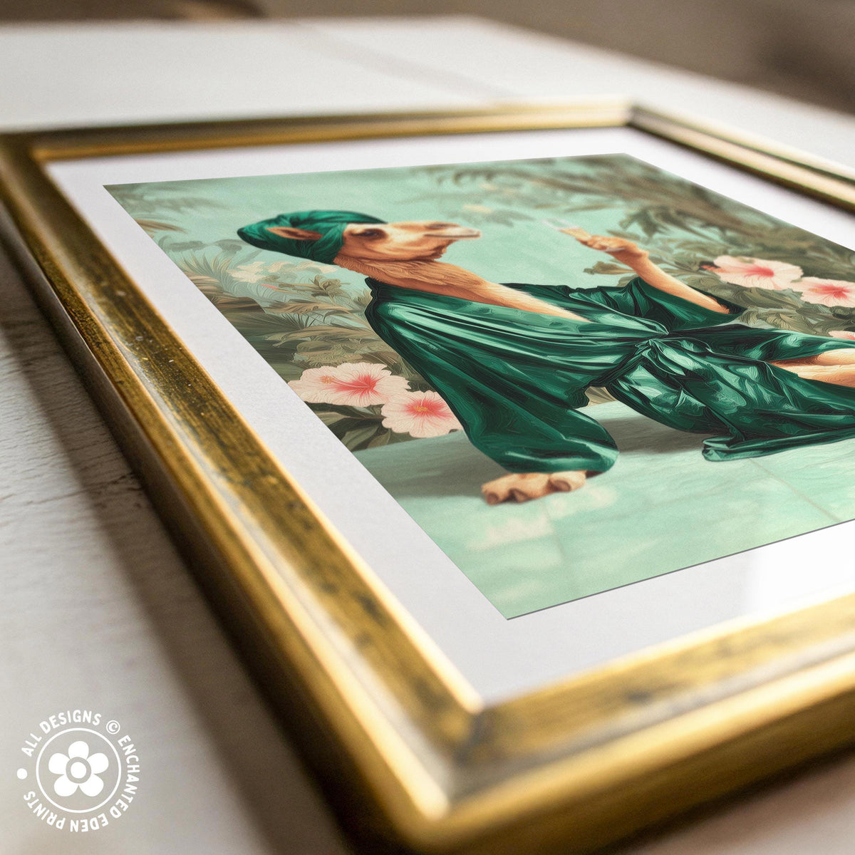 a framed painting of a camel wearing a green robe and holding a flower, set against a tropical background with pink flowers.