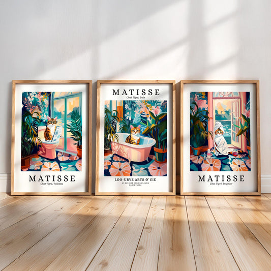 three framed prints of the famous painting "Matisse" by the artist Jean-Michel Basquiat, each featuring a cat in a unique setting.