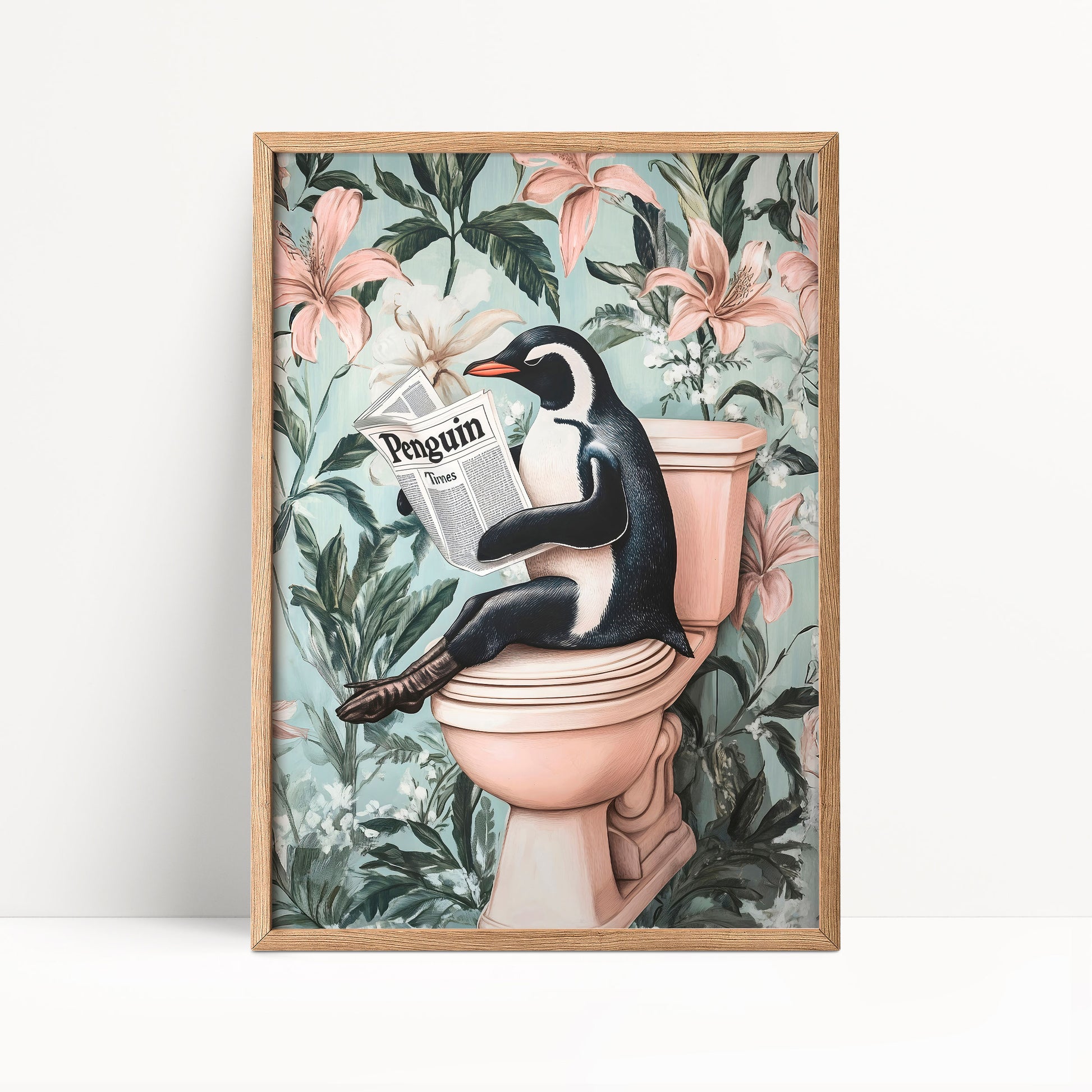 A penguin sitting on a toilet and reading a newspaper, surrounded by pink flowers and green foliage.