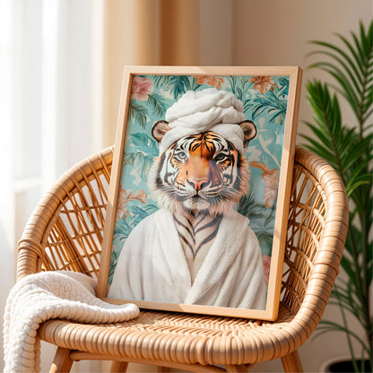 a picture of a tiger in a robe on a chair