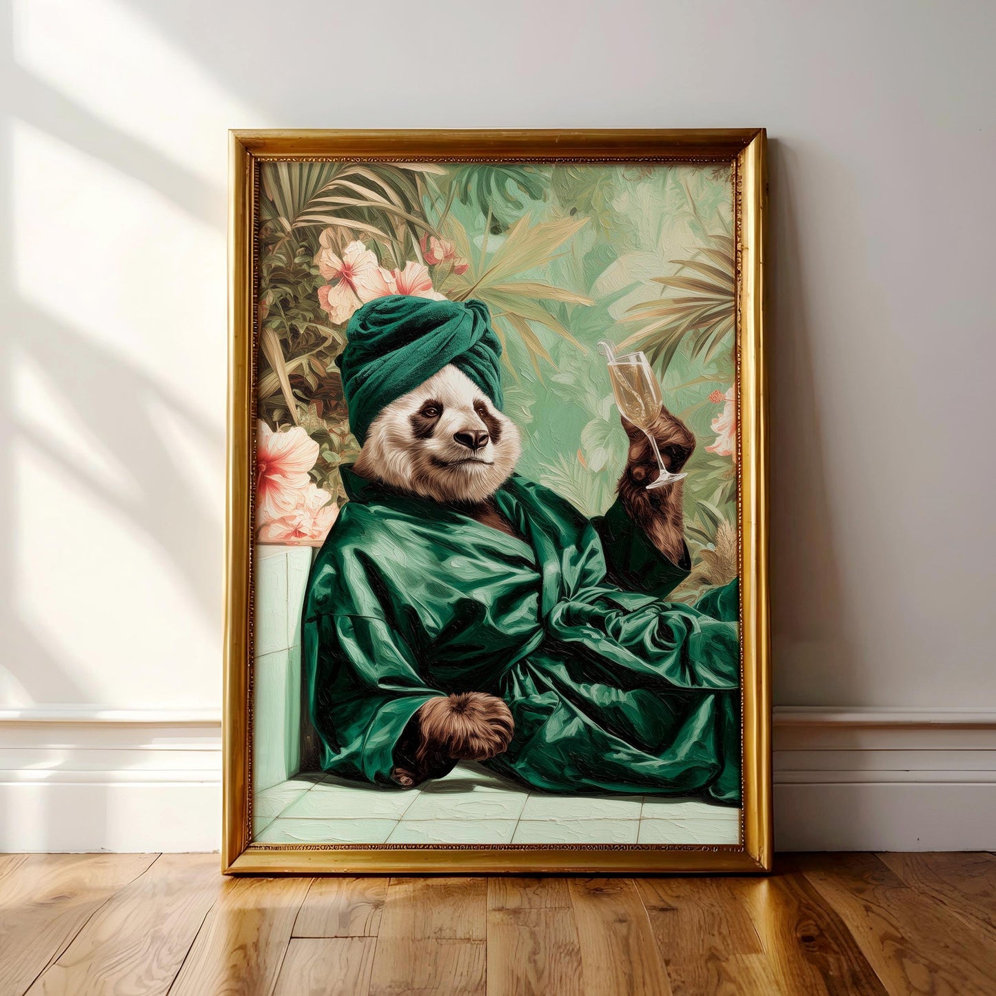 A panda wearing a green robe and turban is sitting on a bench in a tropical setting, surrounded by flowers and foliage.