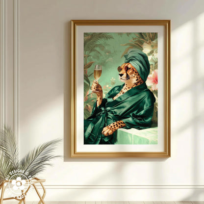A framed painting depicting a cheetah wearing a green robe and holding a glass of wine, set against a tropical background.