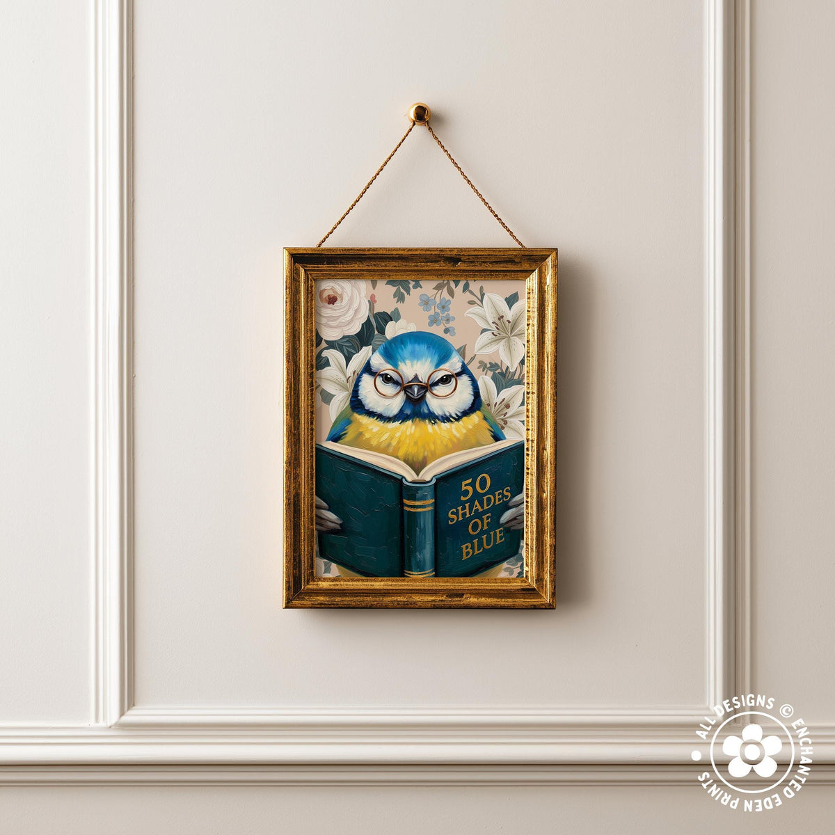 Funny Blue Tit Reading Book Art – Quirky Bird Lover Wall Decor