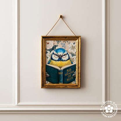 Funny Blue Tit Reading Book Art – Quirky Bird Lover Wall Decor