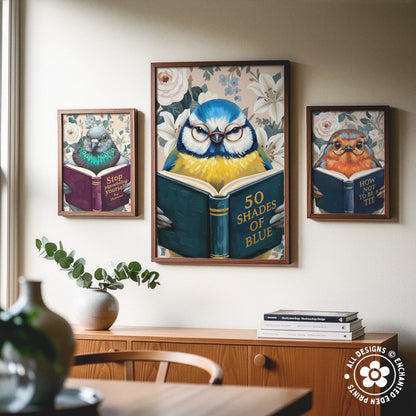Funny Blue Tit Reading Book Art – Quirky Bird Lover Wall Decor