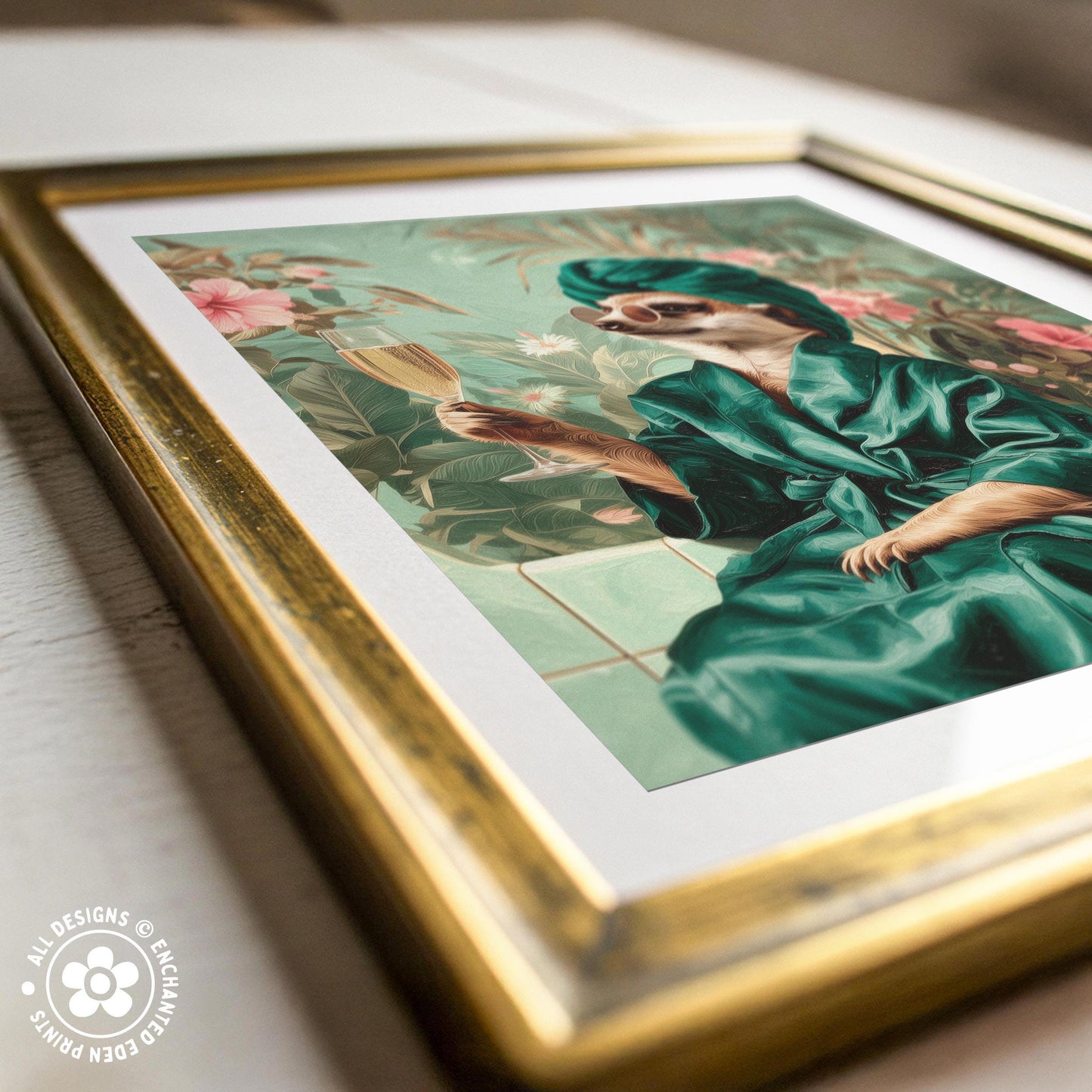 a framed painting of a person wearing a green robe and holding a broom, surrounded by a lush, tropical garden.