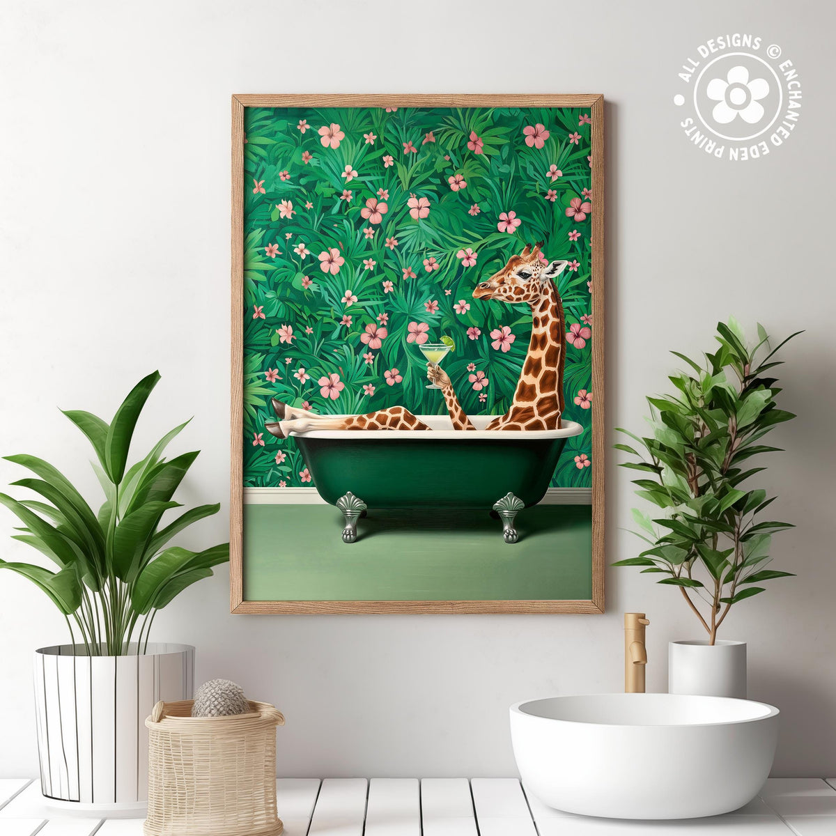 A framed painting of a giraffe sitting in a green bathtub, surrounded by a lush green background with pink flowers, is displayed on a wall in a bathroom setting.