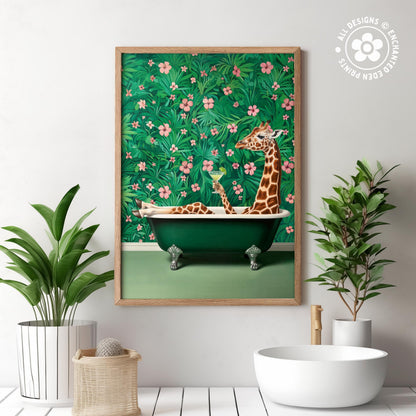A framed painting of a giraffe sitting in a green bathtub, surrounded by a lush green background with pink flowers, is displayed on a wall in a bathroom setting.
