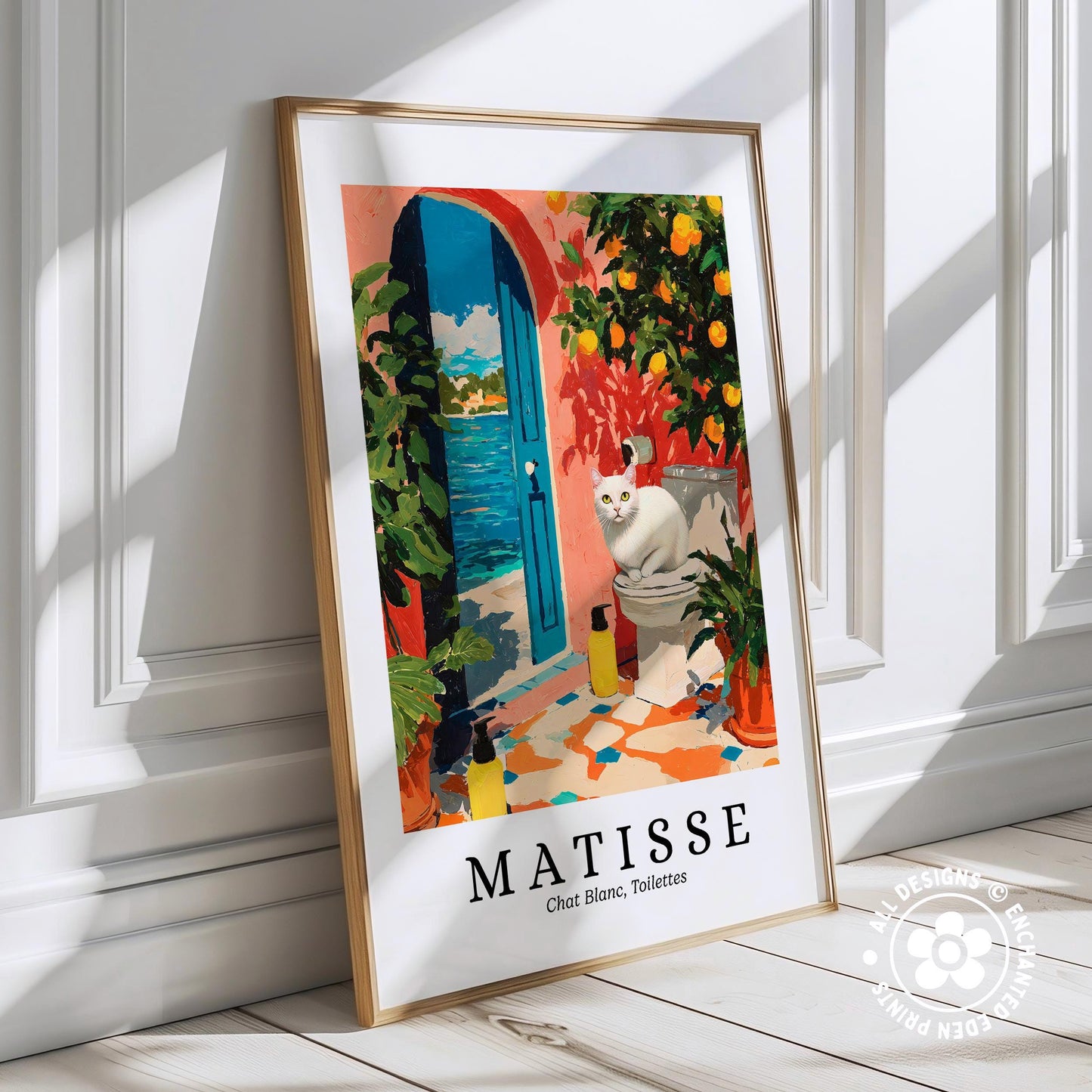 A framed poster of a painting titled "Chat Blanche, Tritons" by the artist Matisse, depicting a cat sitting on a toilet in a colorful, whimsical setting.