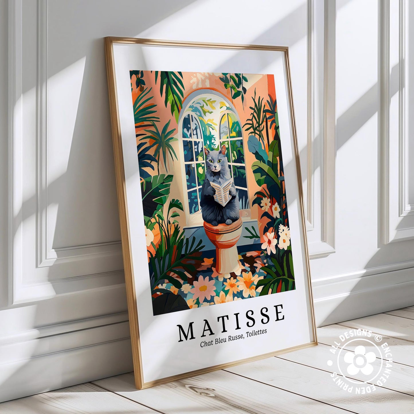 A framed poster of a cat sitting on a pedestal in a tropical garden, surrounded by colorful flowers and plants.