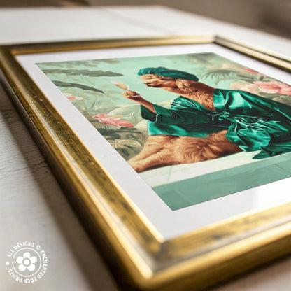 A framed painting depicting a person in a green robe sitting in a tropical setting, holding a drink.