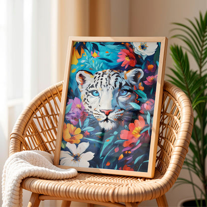 a painting of a white tiger surrounded by flowers