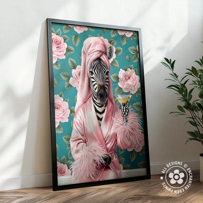 Funny Zebra in Robe Poster – Glam Bathroom & Bar Wall Art