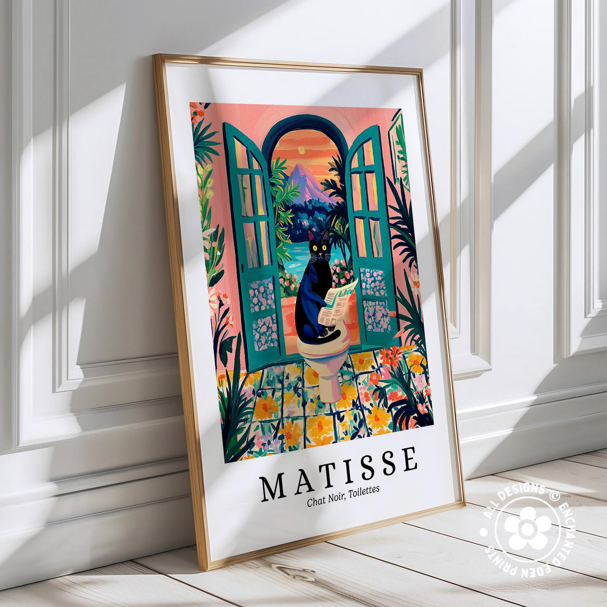 A framed poster of a cat sitting on a toilet in a tropical setting, with a colorful and vibrant illustration.