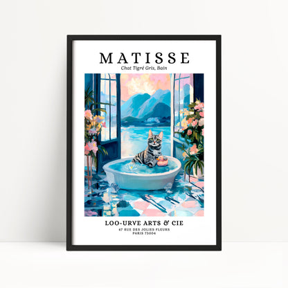 The image is a framed poster featuring a painting of a cat sitting in a bathtub, with a scenic landscape visible through the window.