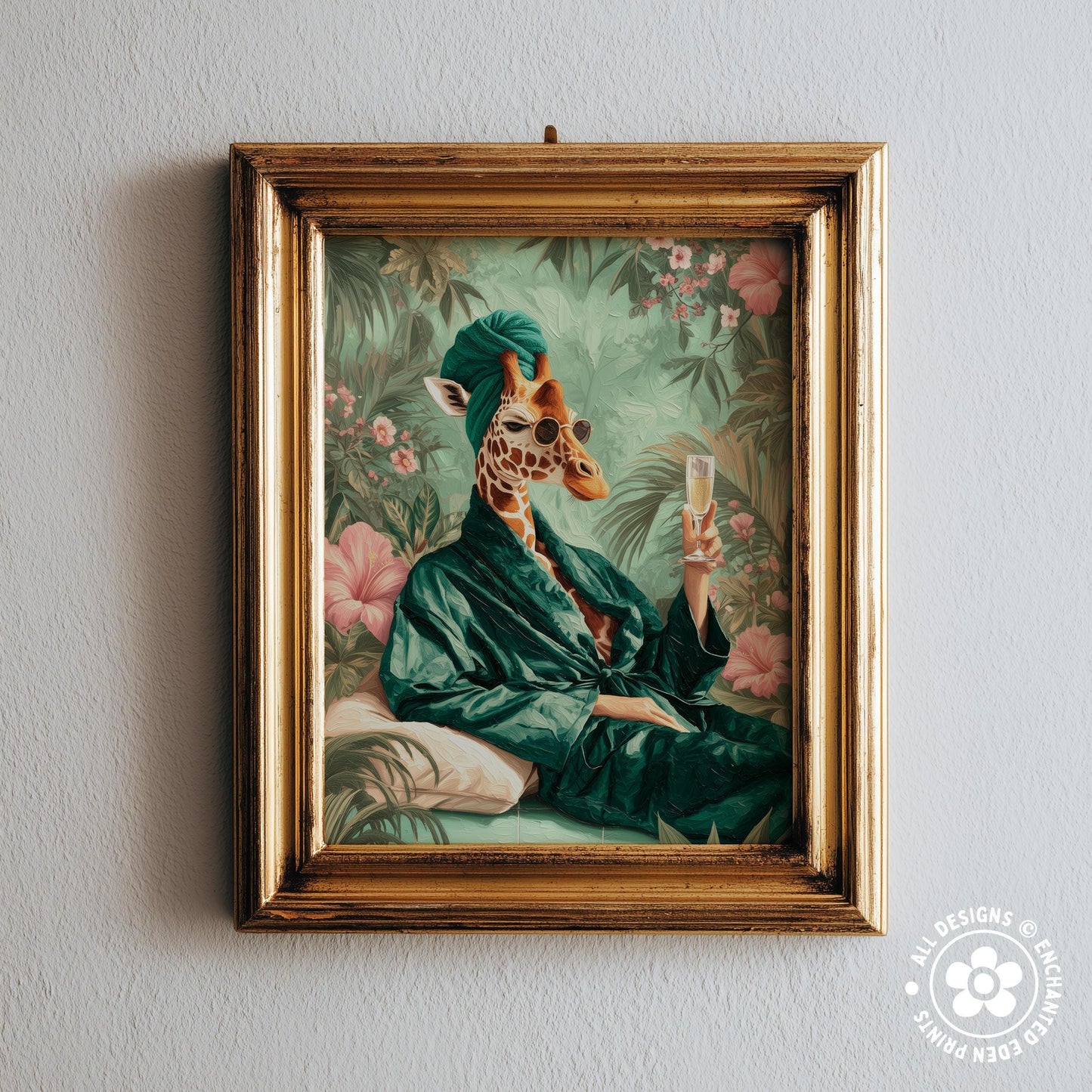 A framed painting depicting a giraffe wearing a green robe and holding a glass of wine, surrounded by tropical foliage.