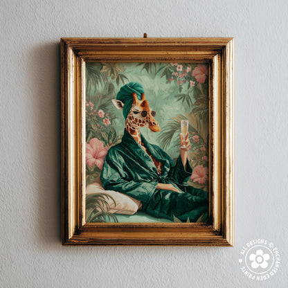 A framed painting depicting a giraffe wearing a green robe and holding a glass of wine, surrounded by tropical foliage.