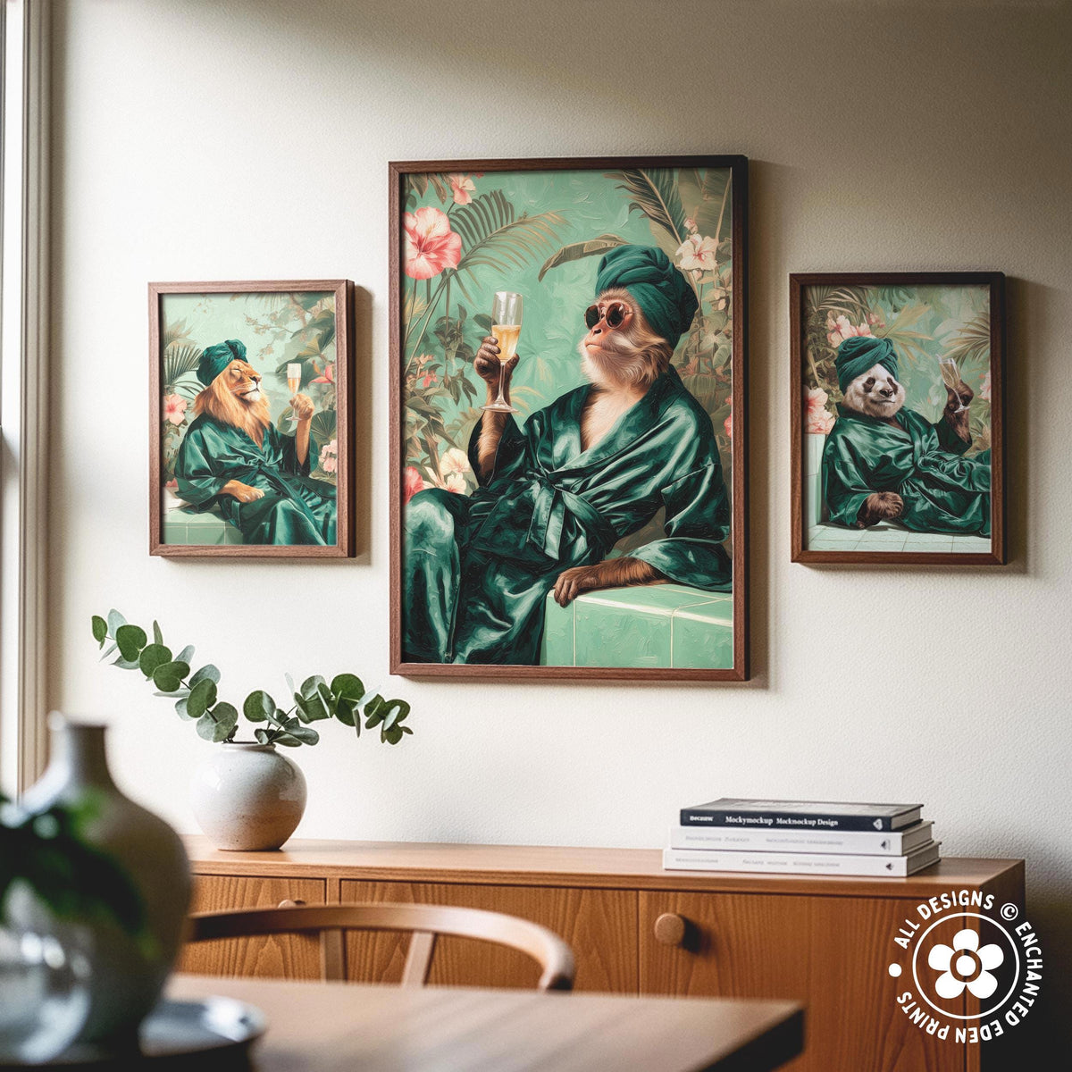 a collage of three framed pictures on a wall, each depicting a cat in a green robe and sunglasses. The cats appear to be lounging and enjoying themselves in a tropical setting.