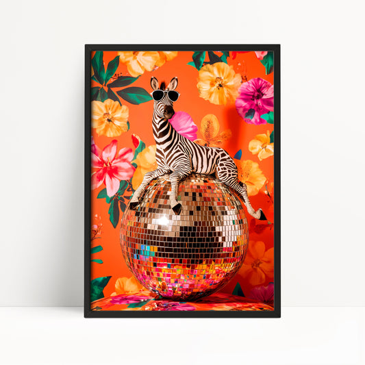 A zebra wearing sunglasses is sitting on a disco ball, surrounded by a vibrant floral background.