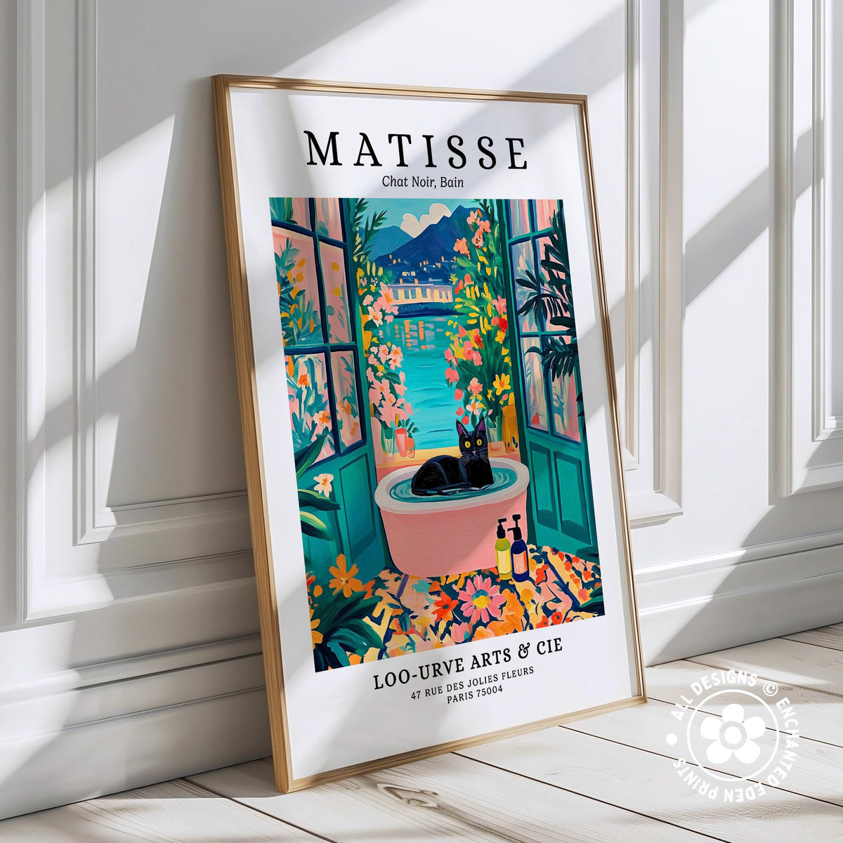 The image is a framed poster featuring an illustration of a cat sitting in a bathtub surrounded by colorful flowers and plants.