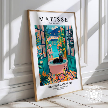 The image is a framed poster featuring an illustration of a cat sitting in a bathtub surrounded by colorful flowers and plants.