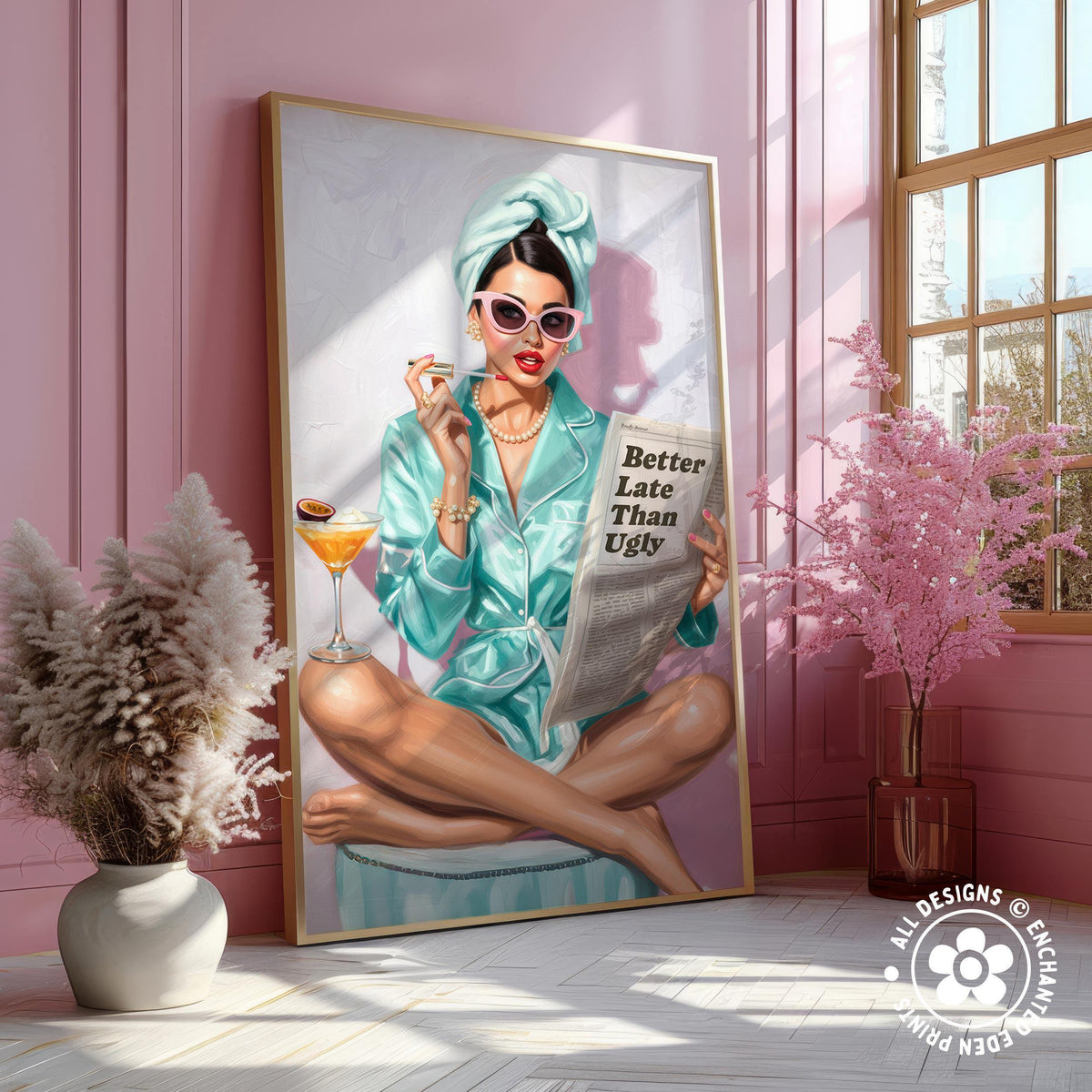 Retro Coquette Wall Art – 1950s “Better Late Than Ugly” Quote Print