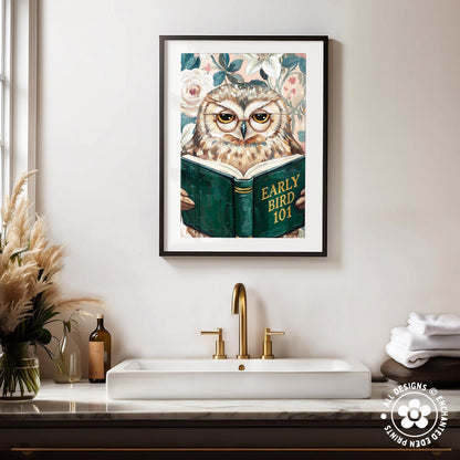 Funny Owl Reading Book Art – Quirky Bird Lover Wall Decor