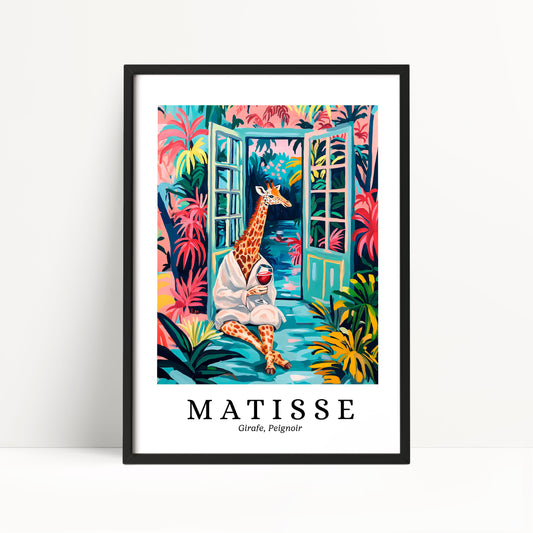 A framed poster depicting a giraffe sitting in a colorful, tropical setting with palm trees and other lush vegetation.