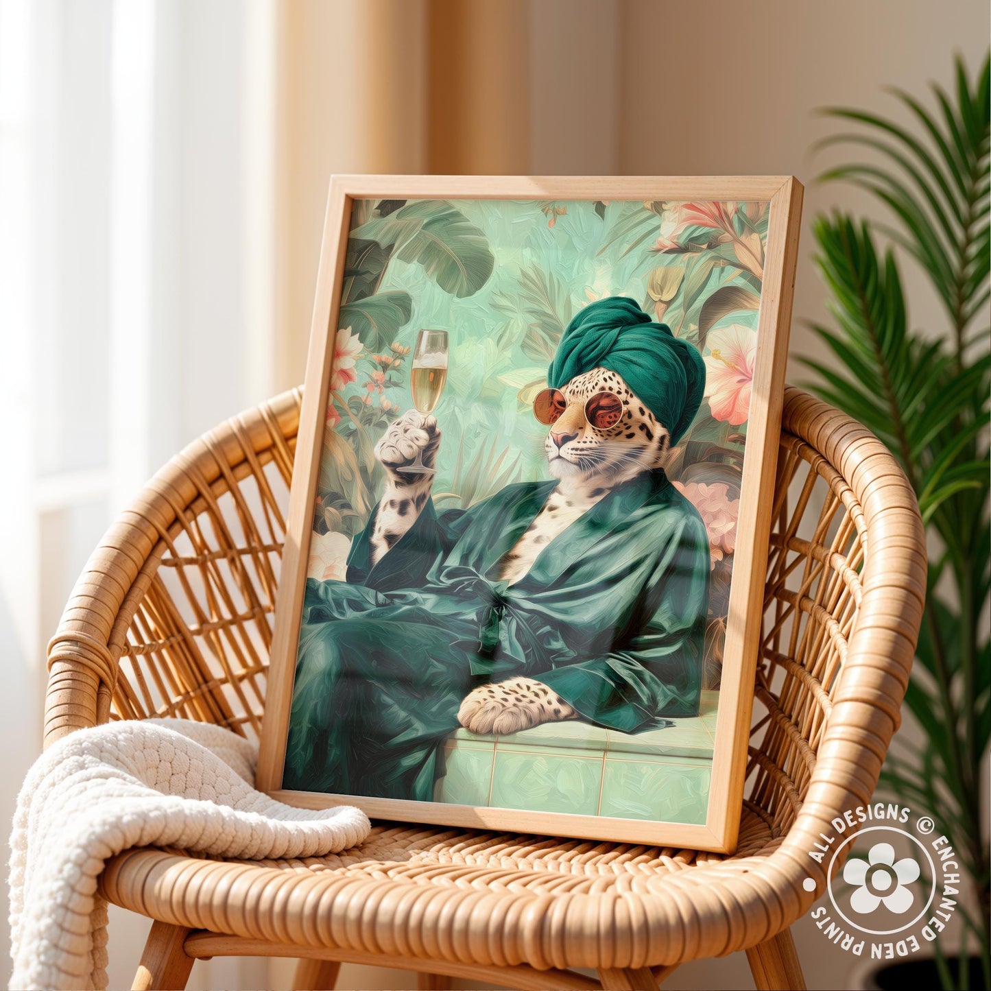 A framed print of a leopard wearing a green robe and holding a glass of wine, set against a tropical background.