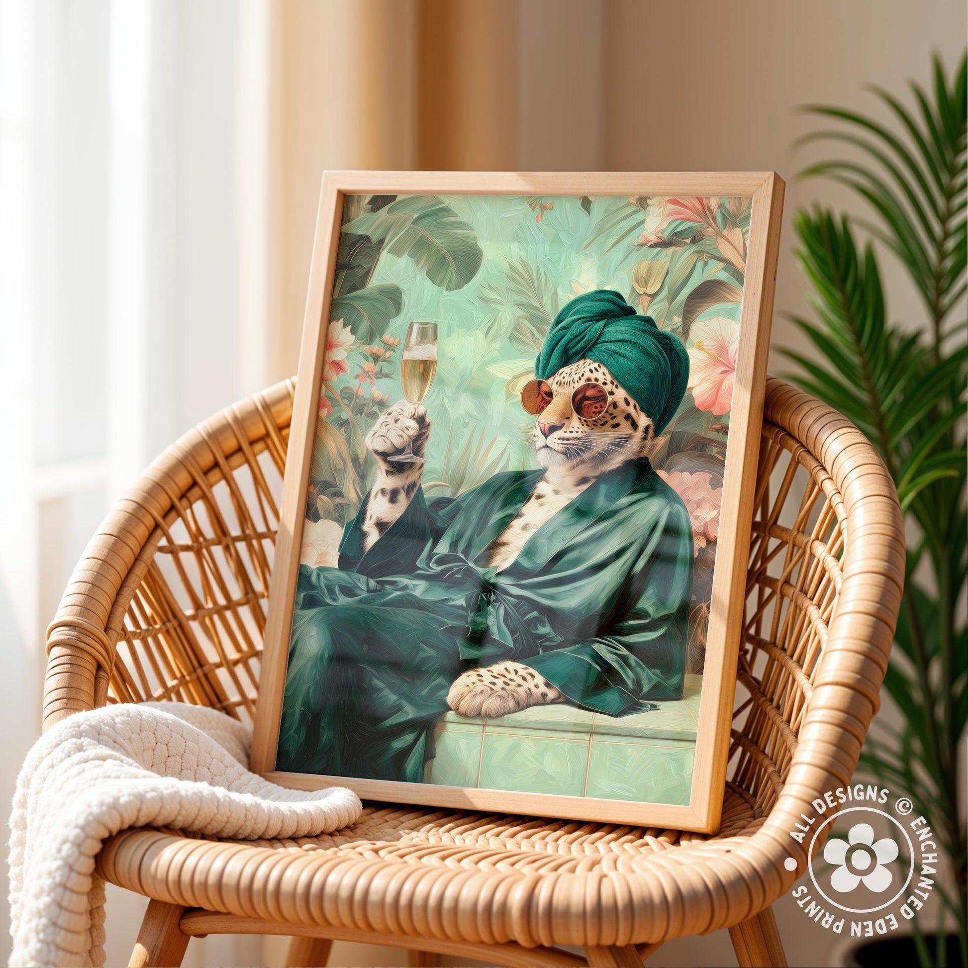A framed print of a leopard wearing a green robe and holding a glass of wine, set against a tropical background.