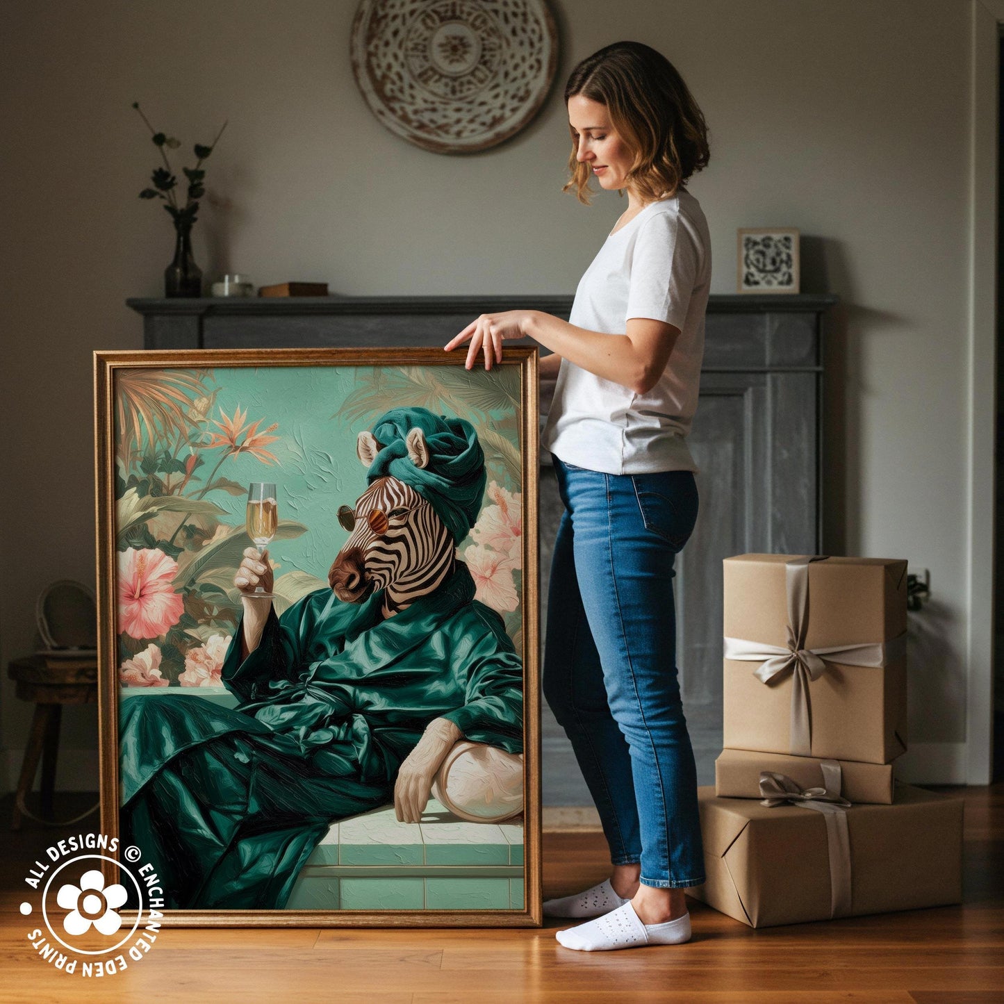 A woman stands next to a large framed painting depicting a zebra in a green robe holding a wine glass, with a floral background.