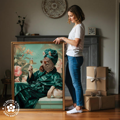 A woman stands next to a large framed painting depicting a zebra in a green robe holding a wine glass, with a floral background.