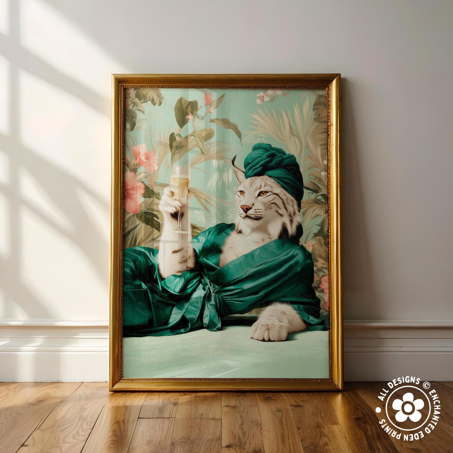 A framed image of a cat wearing a green robe and turban, holding a glass of wine, with a tropical floral background.