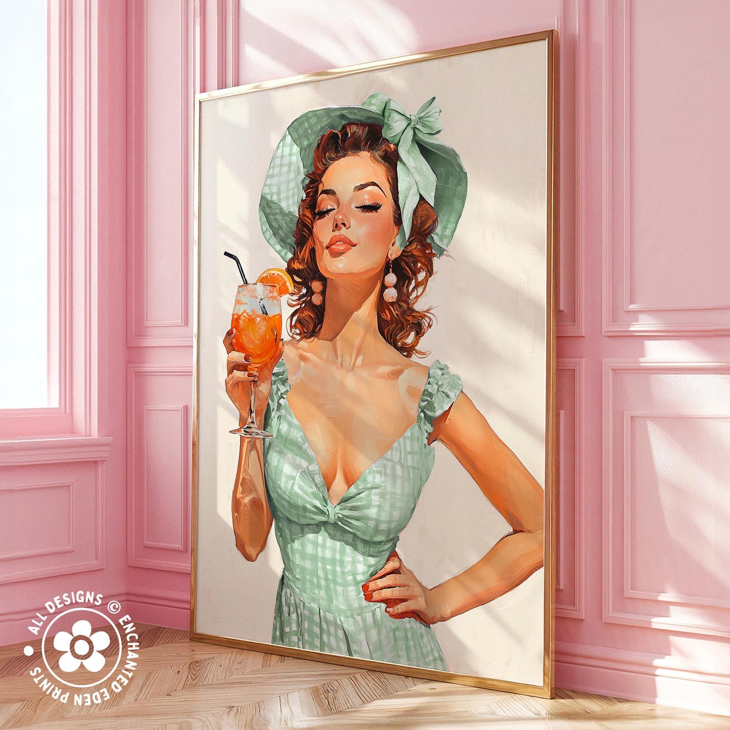 A framed illustration of a woman in a green dress holding a drink, with a pink wall and a window in the background.