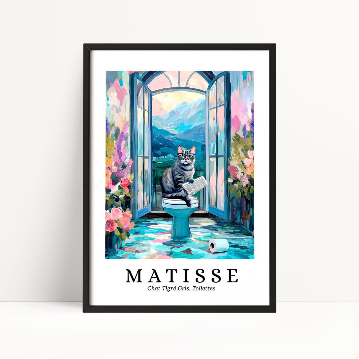 A framed painting depicting a cat sitting on a toilet in a colorful, whimsical setting with flowers and a mountain landscape in the background.