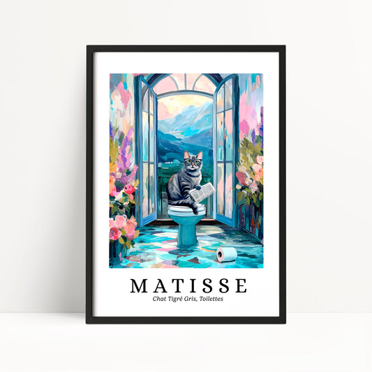A framed painting depicting a cat sitting on a toilet in a colorful, whimsical setting with flowers and a mountain landscape in the background.