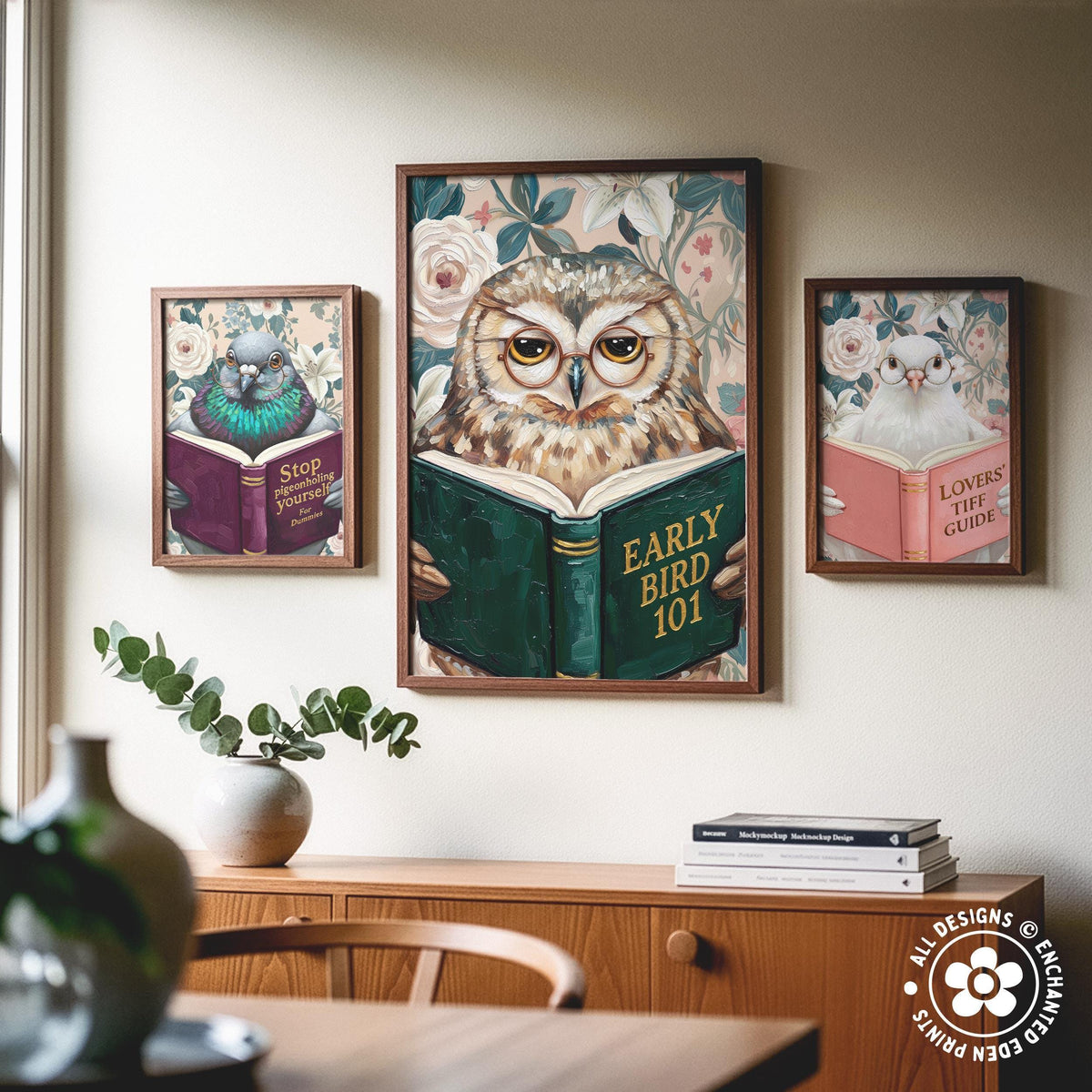 Funny Owl Reading Book Art – Quirky Bird Lover Wall Decor