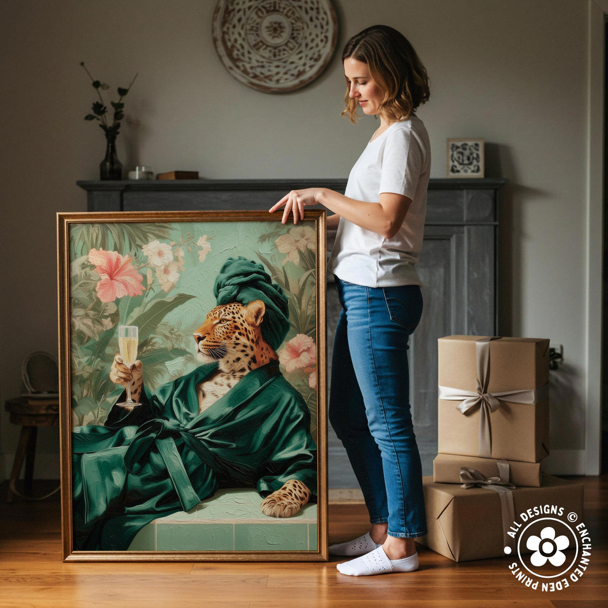 A woman stands next to a large framed painting depicting a leopard wearing a green robe and holding a glass of champagne.