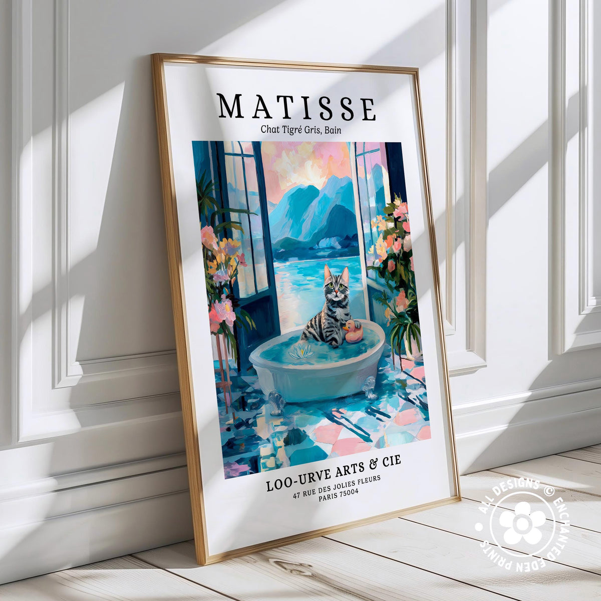 The image is a framed poster featuring a painting of a cat sitting in a bathtub, surrounded by flowers and a scenic landscape.