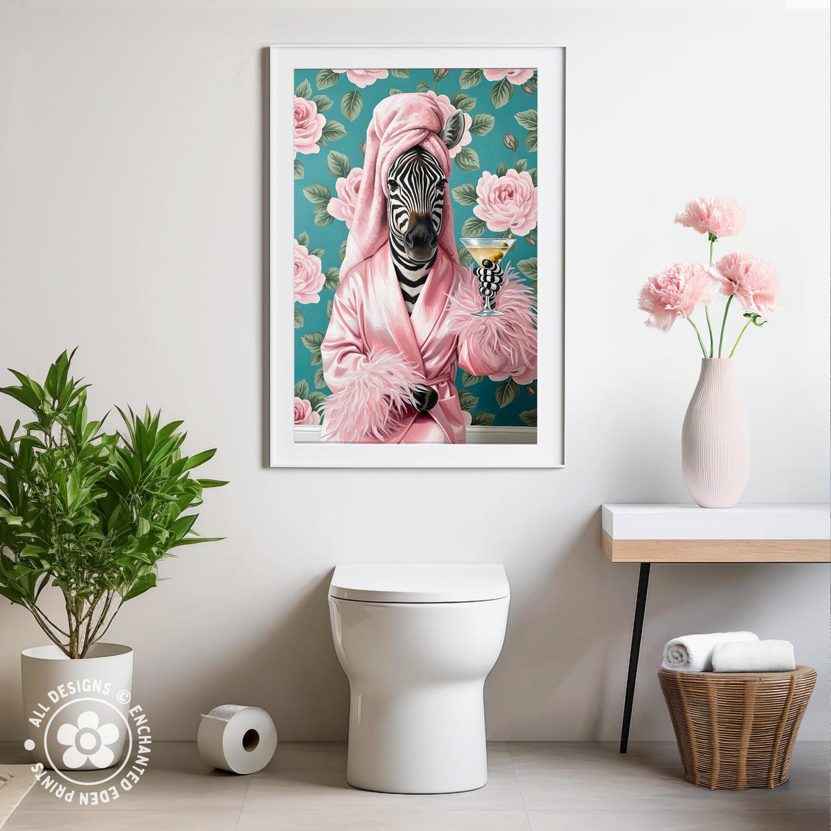 Funny Zebra in Robe Poster – Glam Bathroom & Bar Wall Art