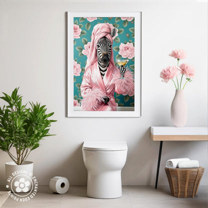 Funny Zebra in Robe Poster – Glam Bathroom & Bar Wall Art