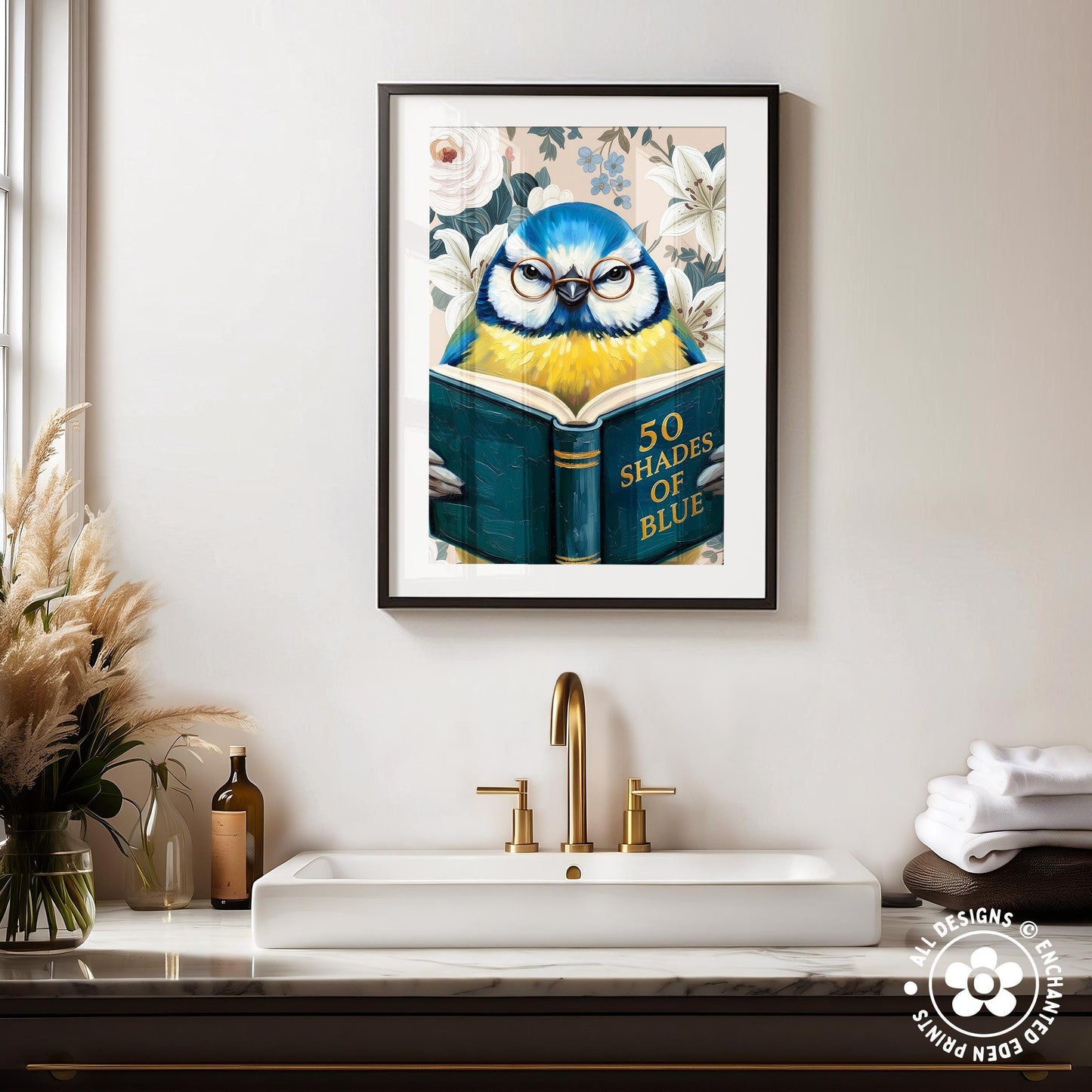 Funny Blue Tit Reading Book Art – Quirky Bird Lover Wall Decor