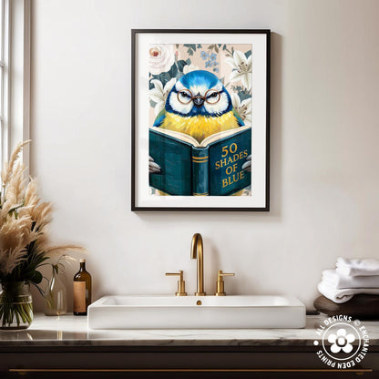 Funny Blue Tit Reading Book Art – Quirky Bird Lover Wall Decor