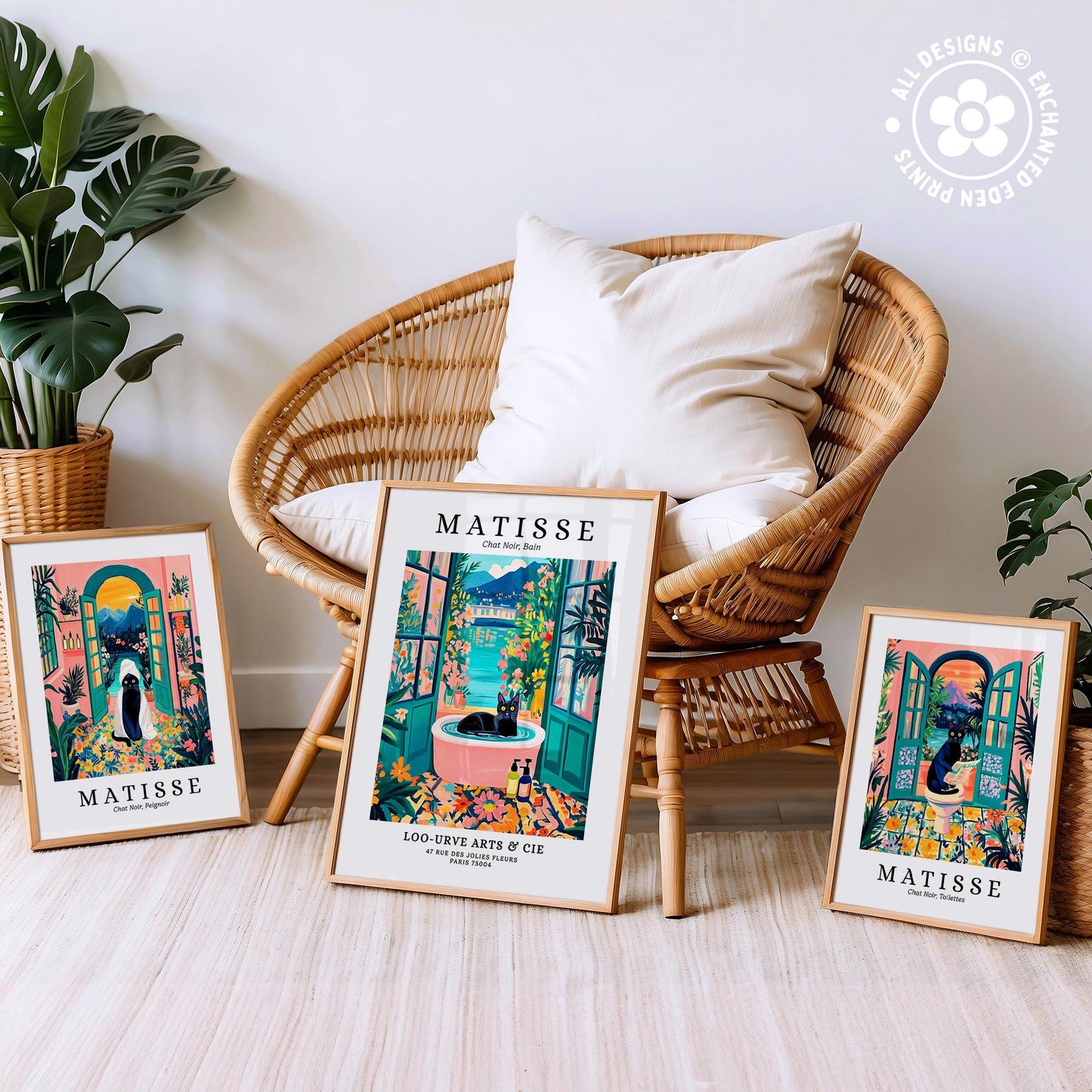 three framed prints of the famous artist Matisse, each depicting a different scene from his work. The prints are arranged on a wooden floor in front of a wicker chair, creating a cozy and artistic atmosphere.