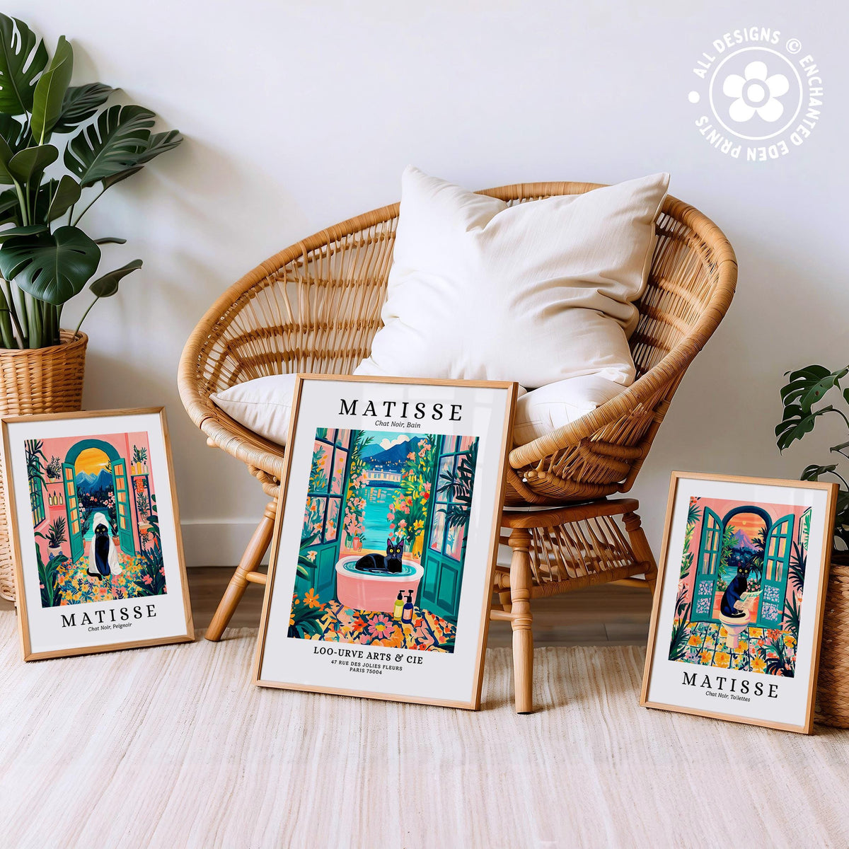 three framed prints of the famous artist Matisse, each depicting a different scene from his work. The prints are arranged on a wooden floor in front of a wicker chair, creating a cozy and artistic atmosphere.