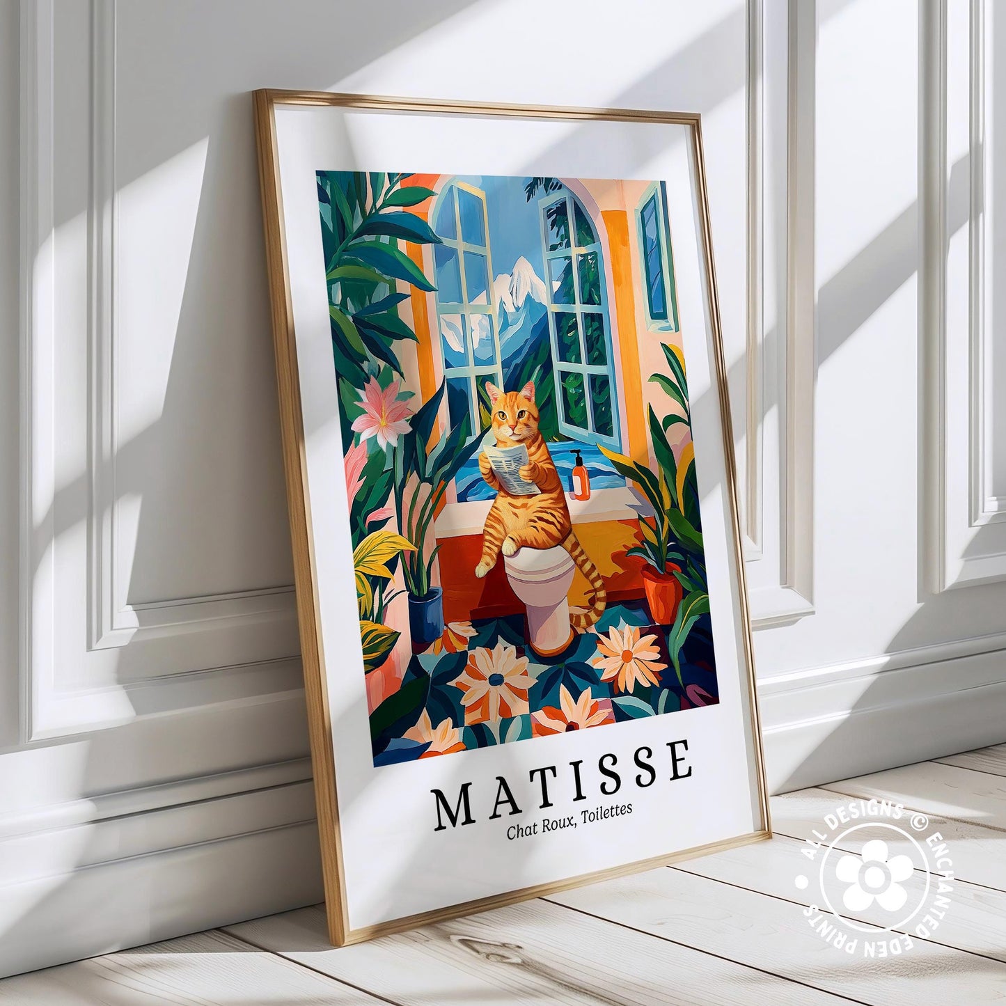 A framed poster depicting a cat sitting on a toilet in a bathroom, surrounded by colorful flowers and plants.