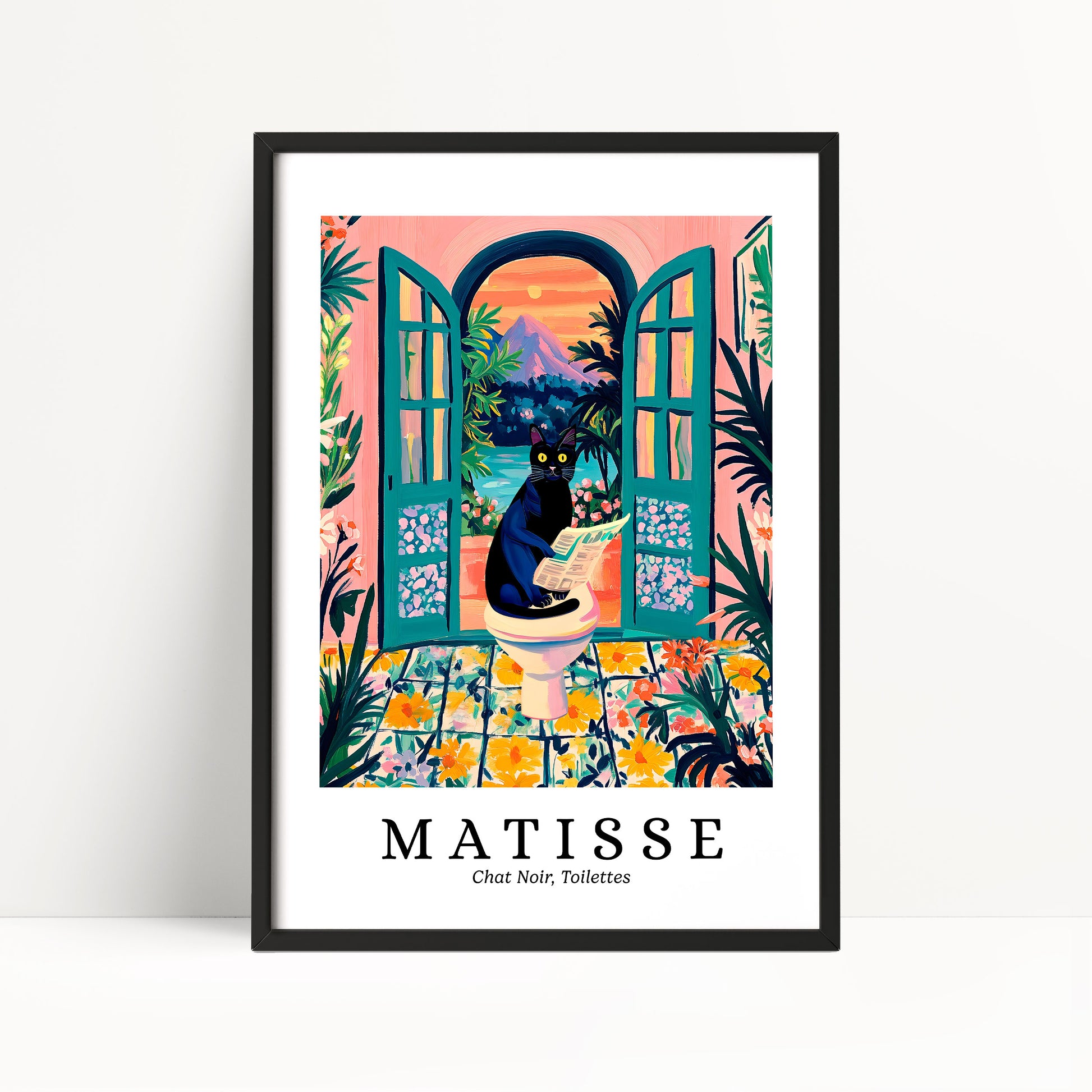 The image is a framed poster featuring a colorful illustration of a cat sitting on a toilet in a tropical setting, with a sunset and palm trees in the background.