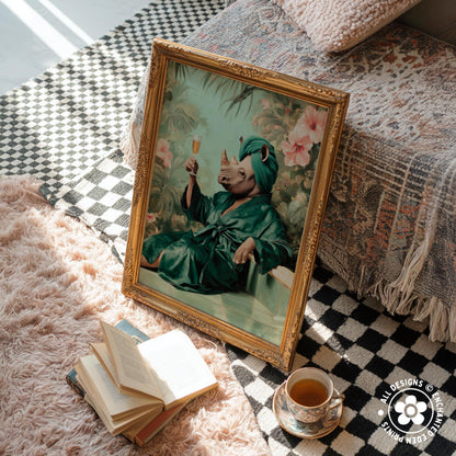 a framed painting of a rhinoceros wearing a green robe and holding a wine glass, sitting on a rug next to a stack of books and a cup of tea.